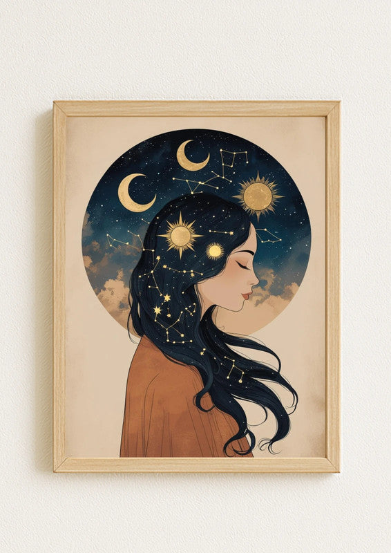 Affiche A4 - Femme espace lune étoile soleil astrologie