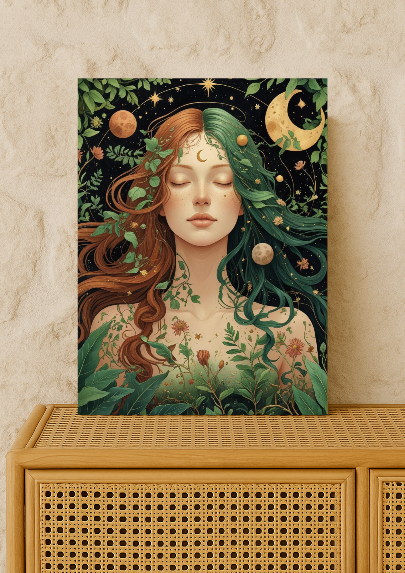 Affiche femme mystique nature – Illustration lunaire bohème