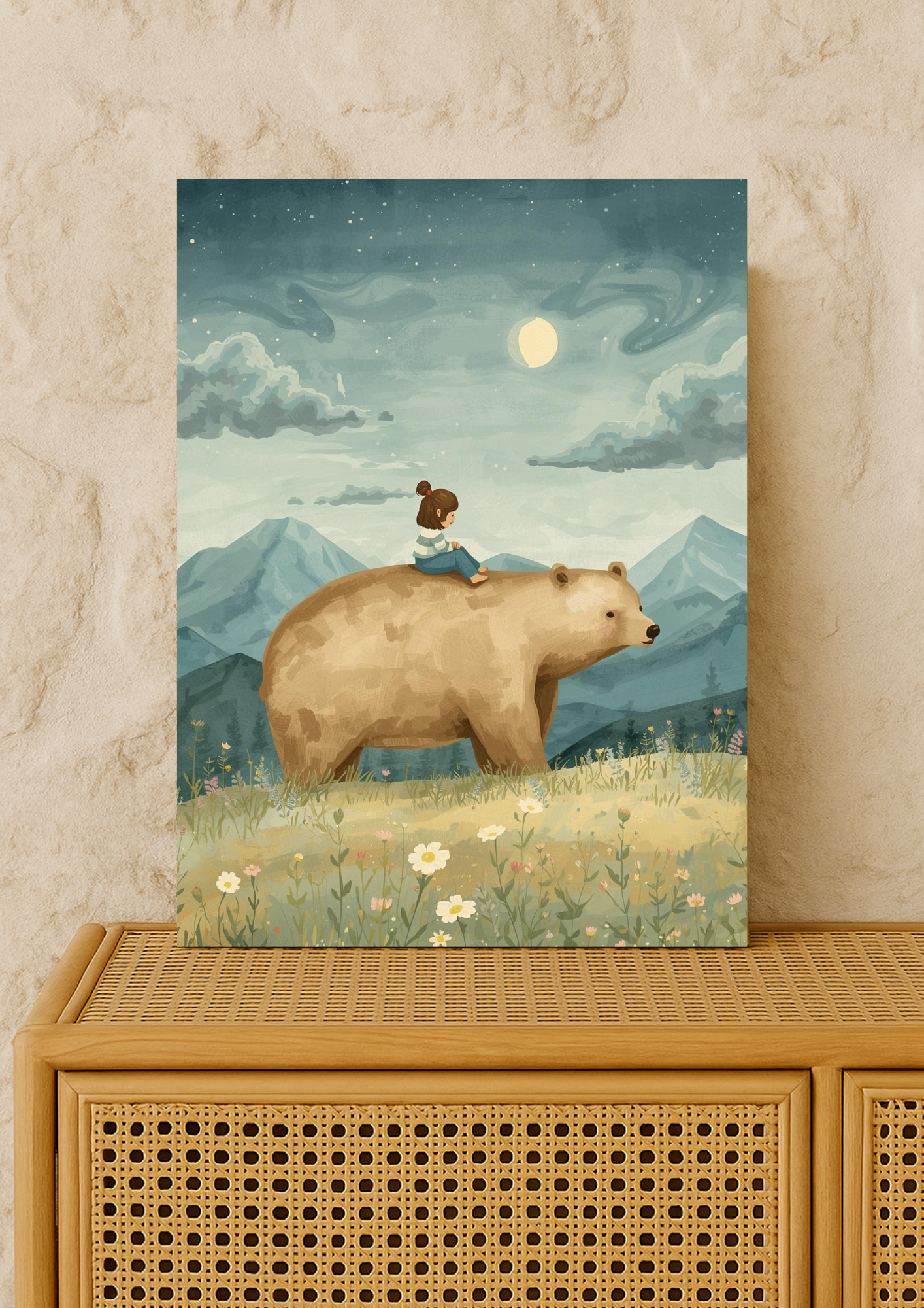 Affiche enfant et ours sous la lune – illustration chambre bébé - Univers poétique et minimaliste