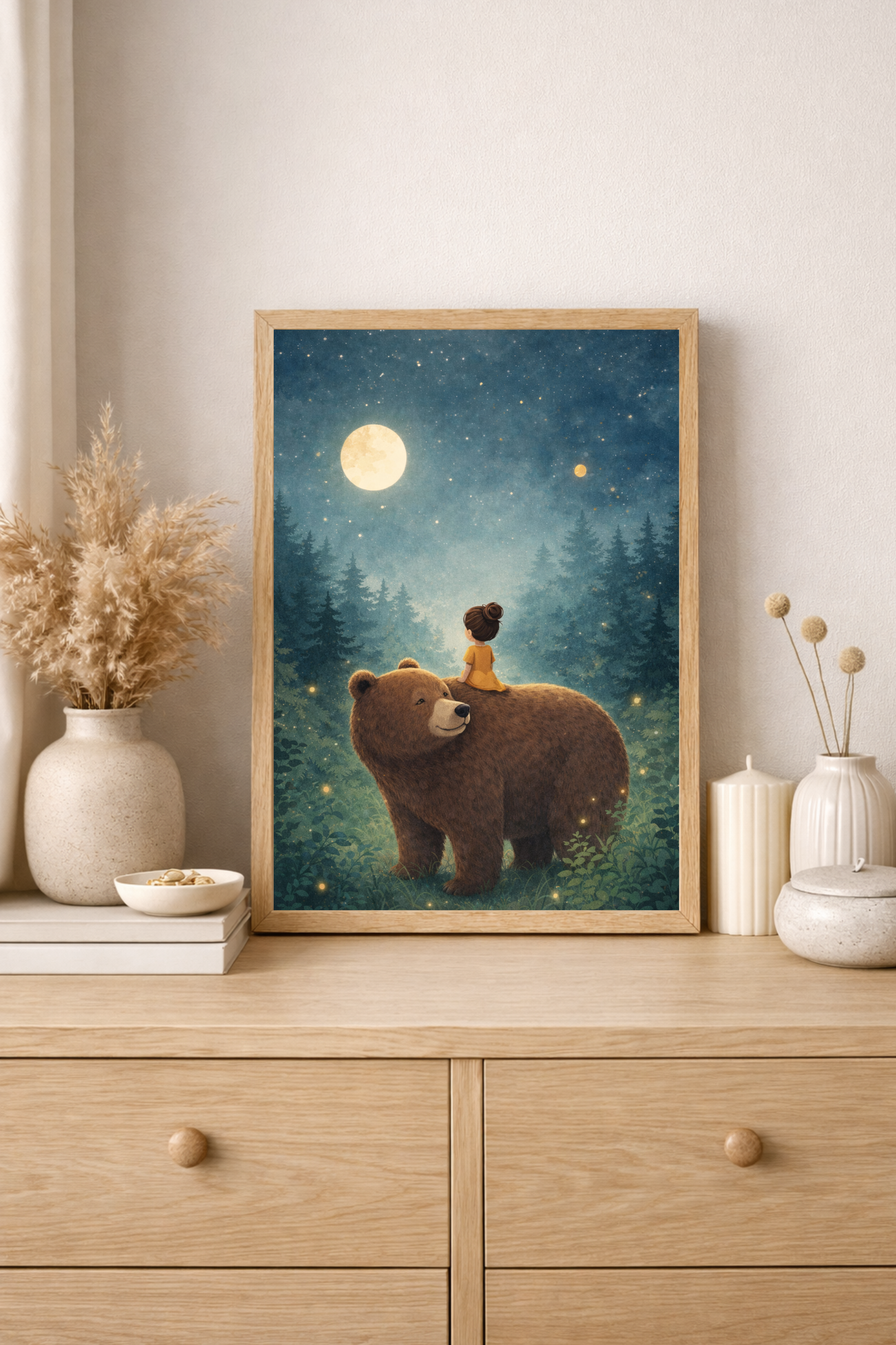 Affiche enfant fille et ours sous la lune – illustration chambre bébé - Univers poétique et minimaliste