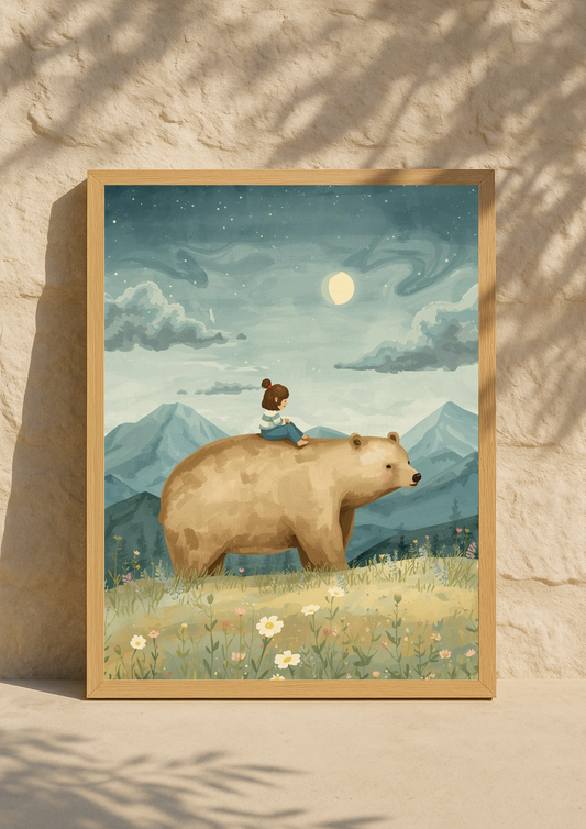 Affiche enfant et ours sous la lune – illustration chambre bébé - Univers poétique et minimaliste