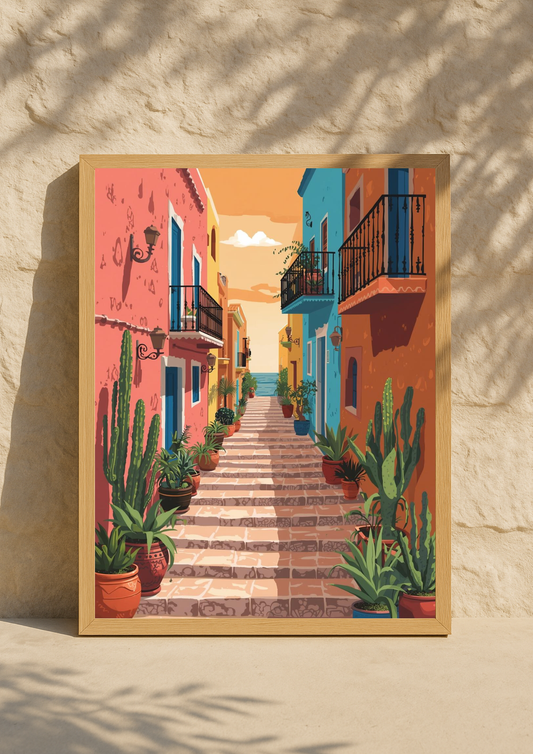 Affiche ruelle colorée – Escaliers et maisons du sud – Décoration murale - Cactus