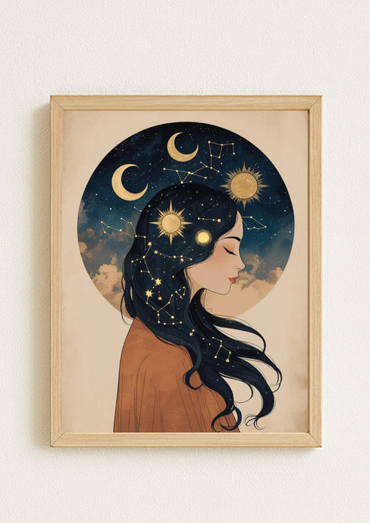 Affiche A4 - Femme espace lune étoile soleil astrologie