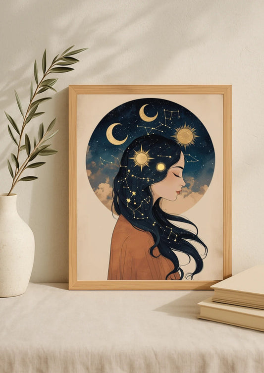 Affiche A4 - Femme espace lune étoile soleil astrologie