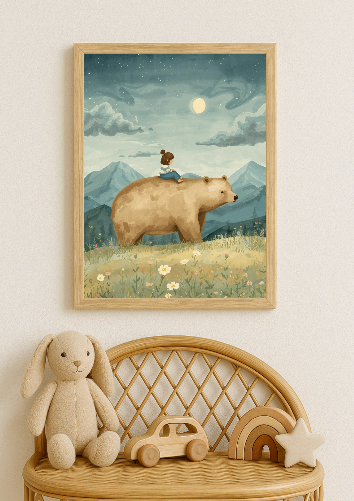 Affiche enfant et ours sous la lune – illustration chambre bébé - Univers poétique et minimaliste