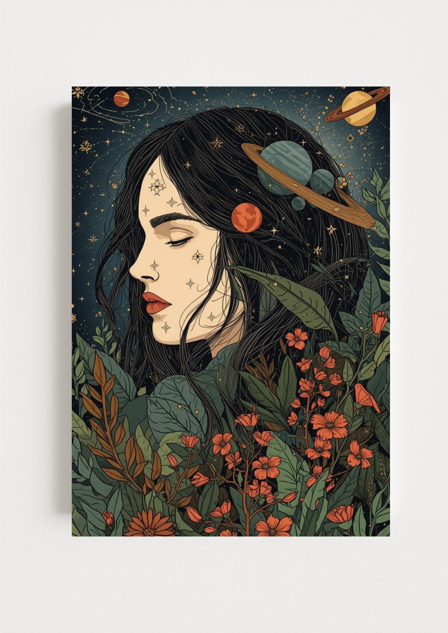 Affiche décorative femme astrale et florale – Art mural bohème – Déco murale A4 – Idée cadeau femme