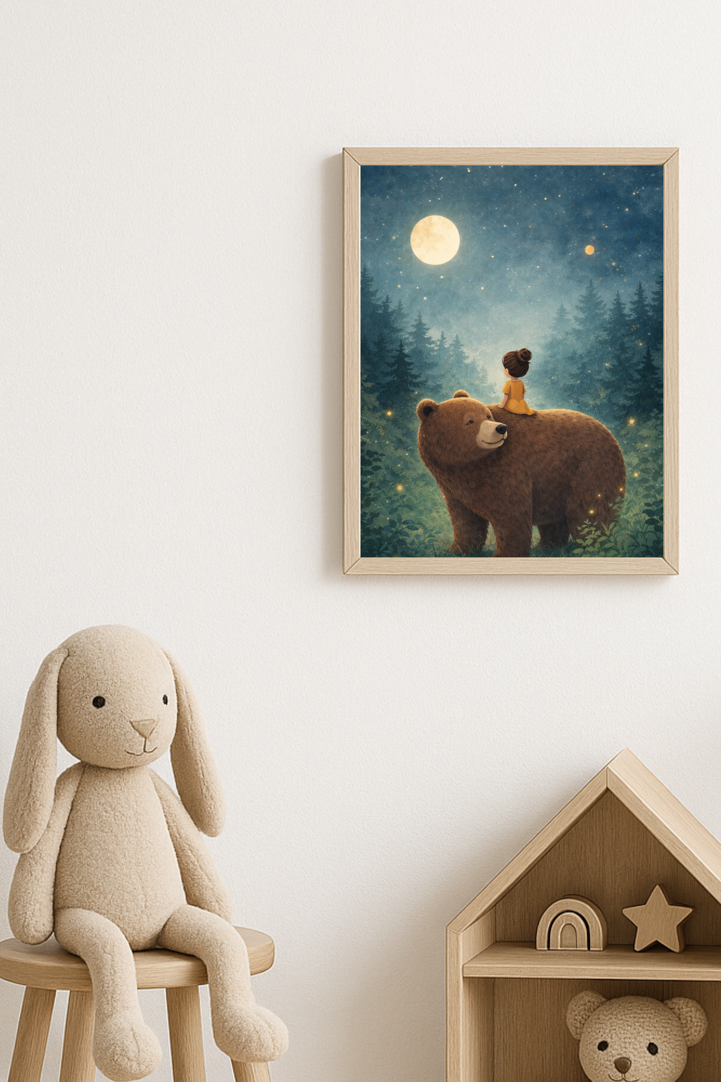 Affiche enfant fille et ours sous la lune – illustration chambre bébé - Univers poétique et minimaliste