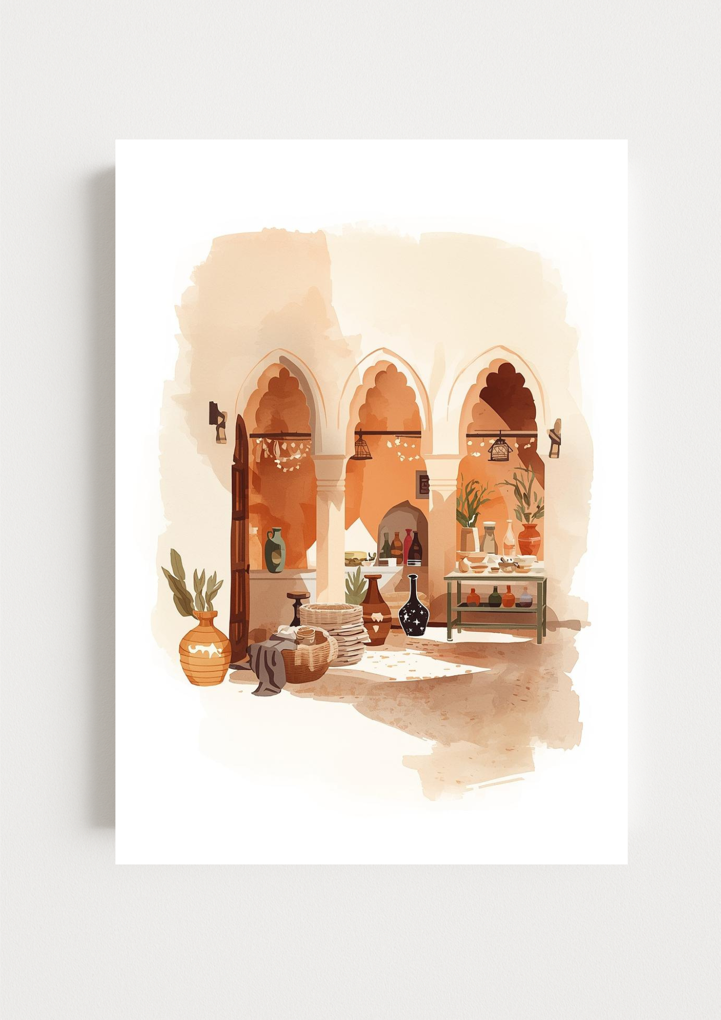 Affiche patio marocain – arches orientales et artisanat – décoration murale chaleureuse