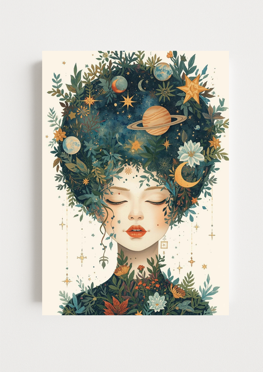 Collection Mystique - Affiche décorative femme astrale – Art mural bohème nature et lune