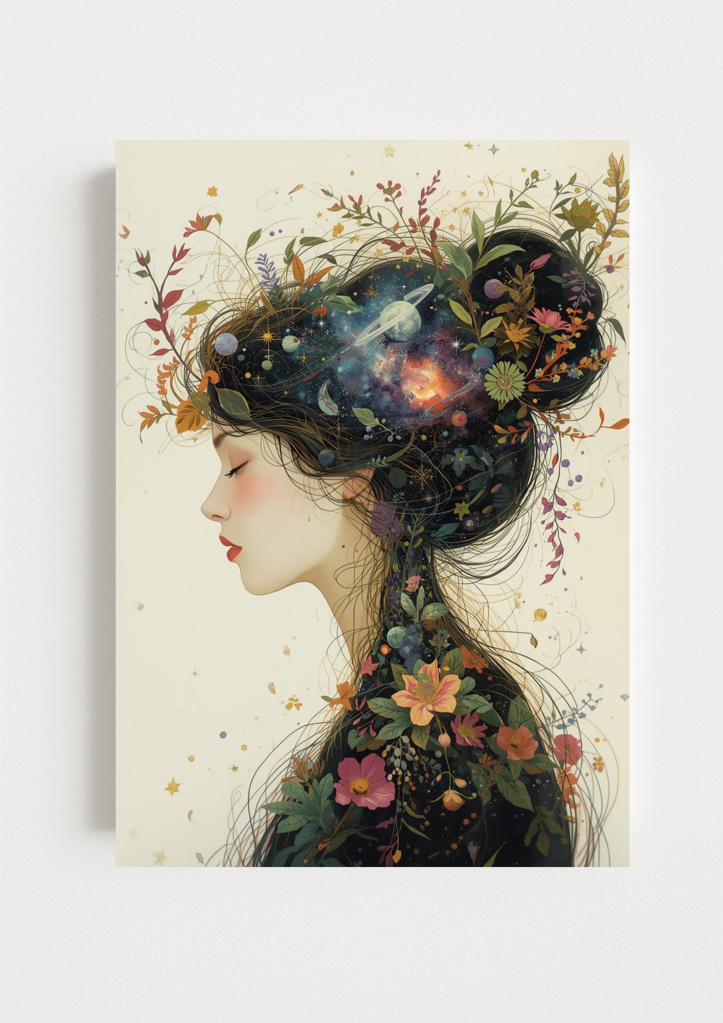 Affiche femme cosmique florale – Art mural bohème et poétique
