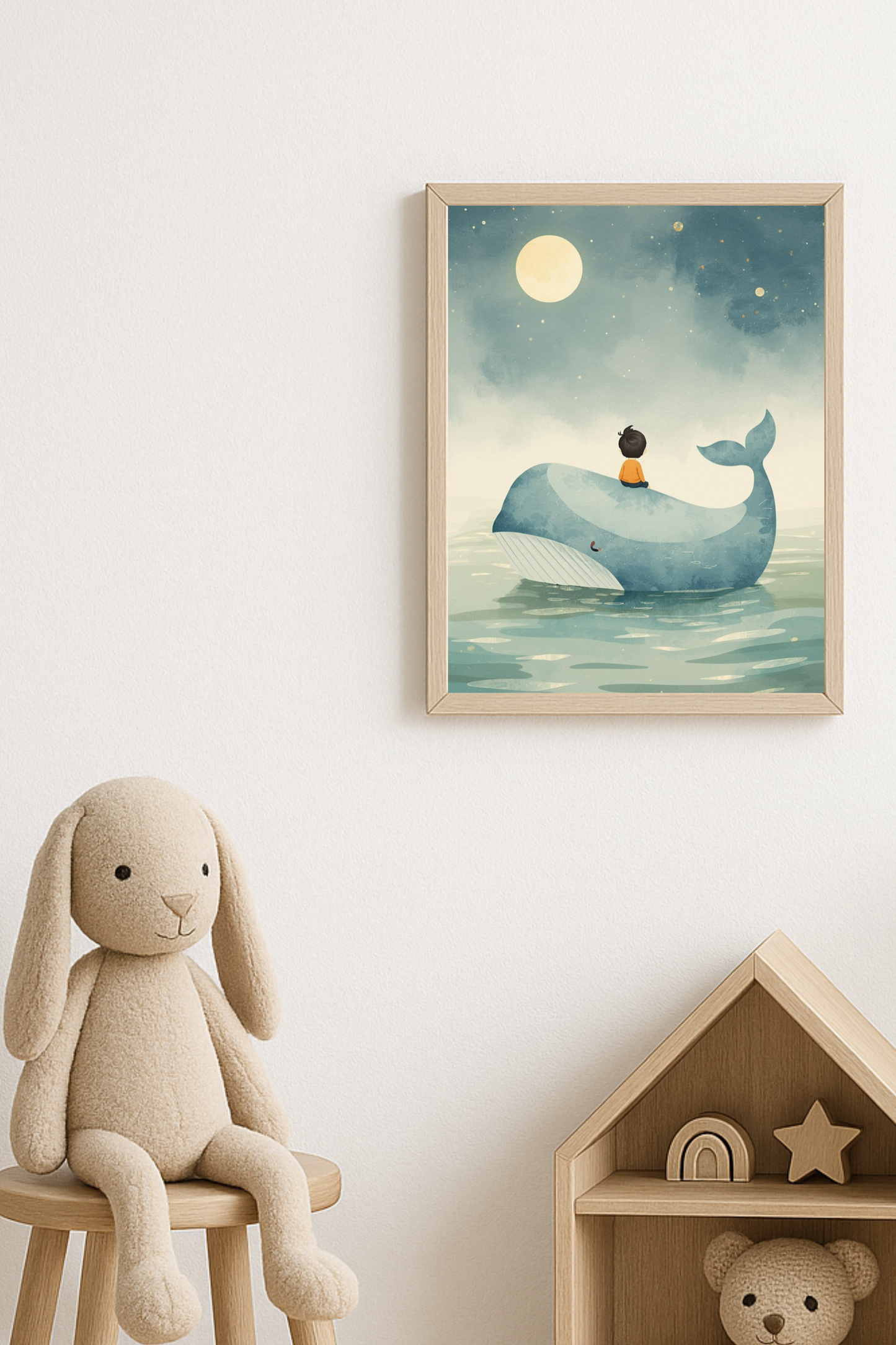 Affiche enfant et baleine sous la lune – illustration chambre bébé - Univers poétique et minimaliste