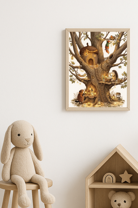 Affiche animaux de la forêt arbre – illustration printemps chambre bébé - Univers poétique et minimaliste