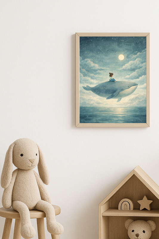 Affiche enfant et baleine sous la lune – illustration chambre bébé - Univers poétique et minimaliste