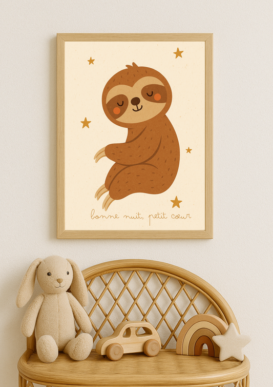 Affiche Paresseux "Bonne nuit, petit cœur" – Déco Chambre Bébé illustration chambre bébé - Univers poétique et minimaliste