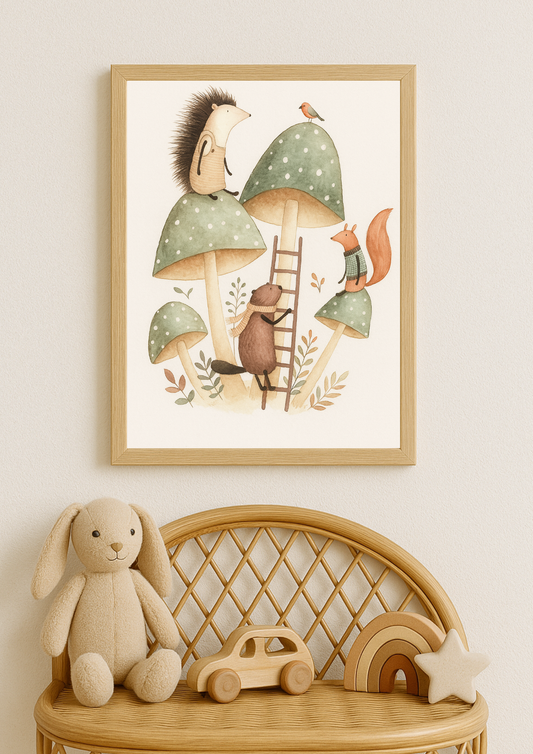 Affiche animaux de la forêt champignons  – illustration printemps chambre bébé - Univers poétique et minimaliste
