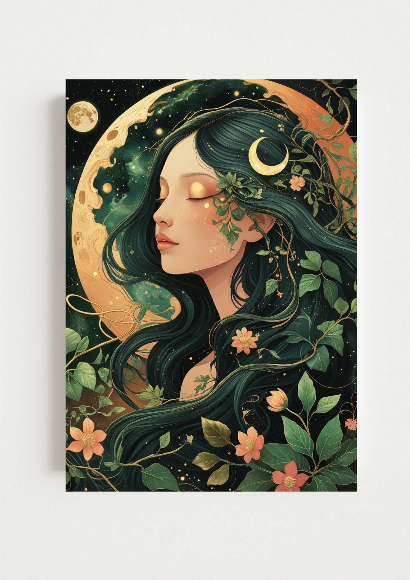 Affiche femme mystique nature – Illustration lunaire bohème – Décoration murale A4