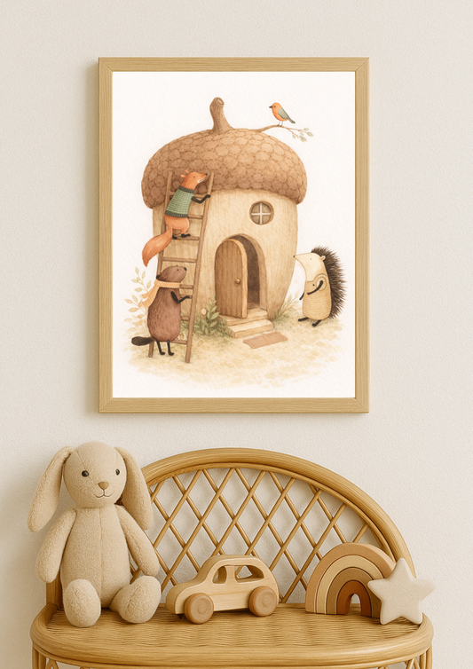 Affiche animaux de la forêt gland – illustration printemps chambre bébé - Univers poétique et minimaliste