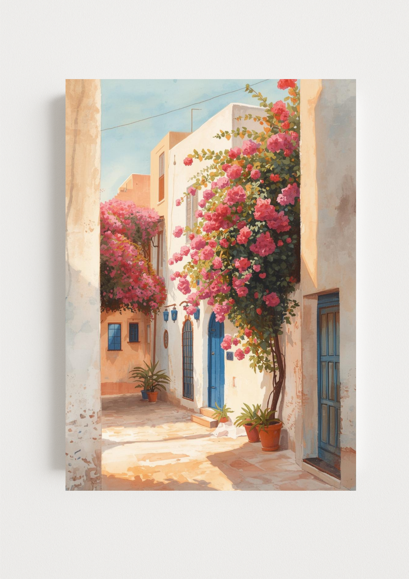 Affiche ruelle méditerranéenne – bougainvilliers roses et portes bleues – décoration murale lumineuse