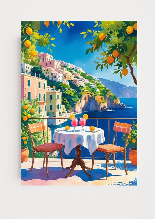 Affiche terrasse méditerranéenne – Vue mer et orangers – Décoration murale
