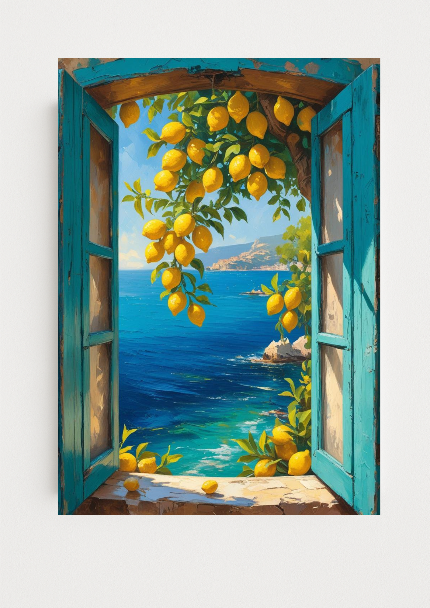 Affiche fenêtre citronnier vue mer – paysage méditerranéen lumineux