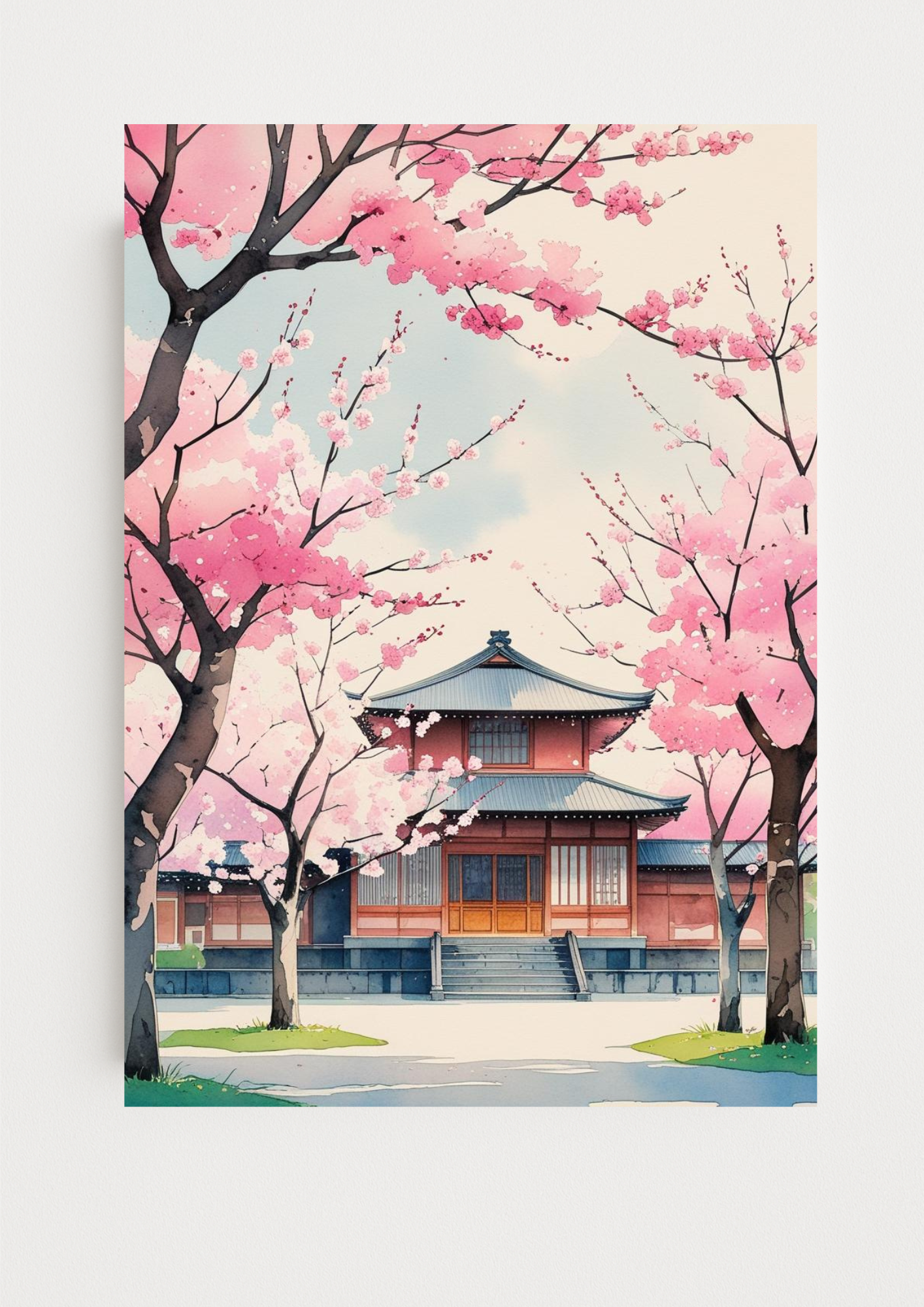Affiche cerisiers japonais en fleurs – temple traditionnel sakura