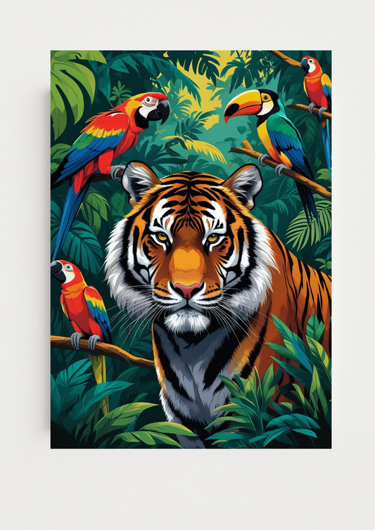 Affiche jungle colorée - Tigre - Fleurs éxotiques