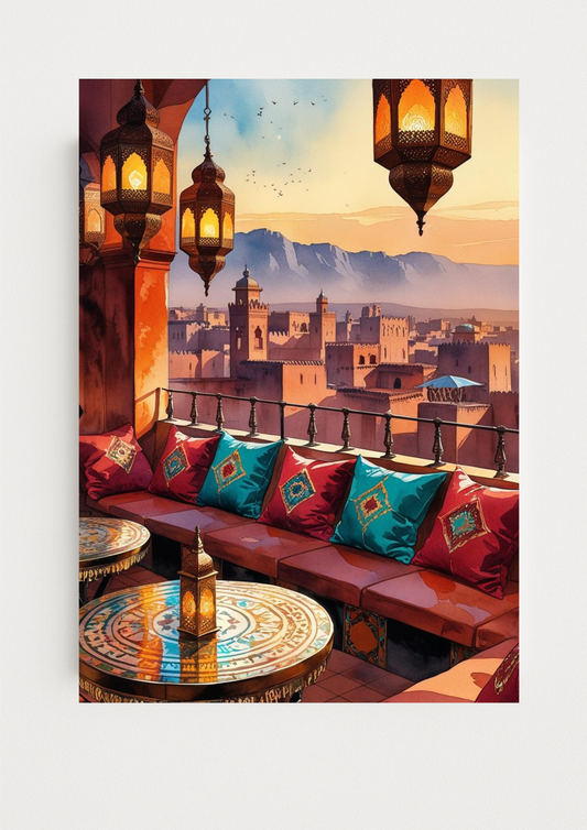 Affiche terrasse de riad marocain au coucher de soleil – lanternes orientales