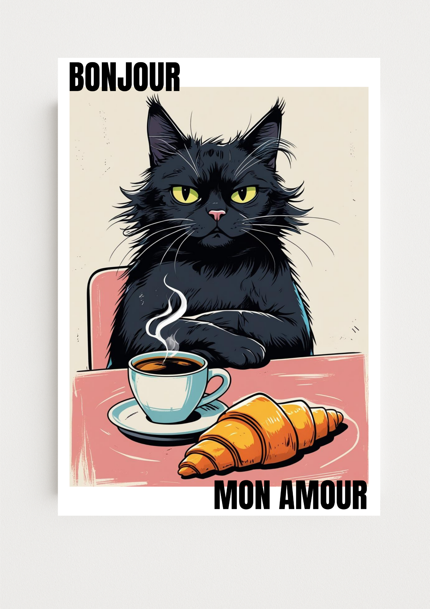 Affiche Chat Bonjour Mon Amour A4 – Poster Chat & Café | Déco Murale Cuisine