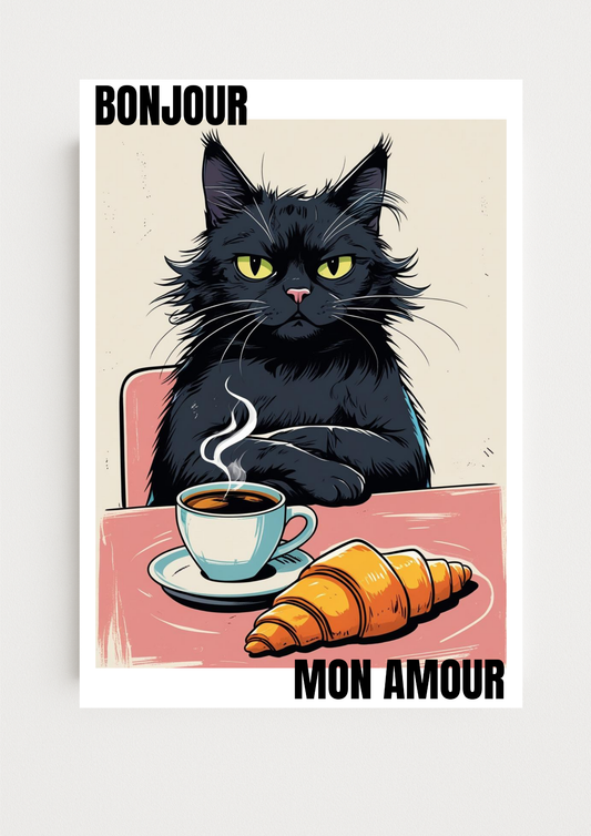 Affiche Chat Bonjour Mon Amour A4 – Poster Chat & Café | Déco Murale Cuisine