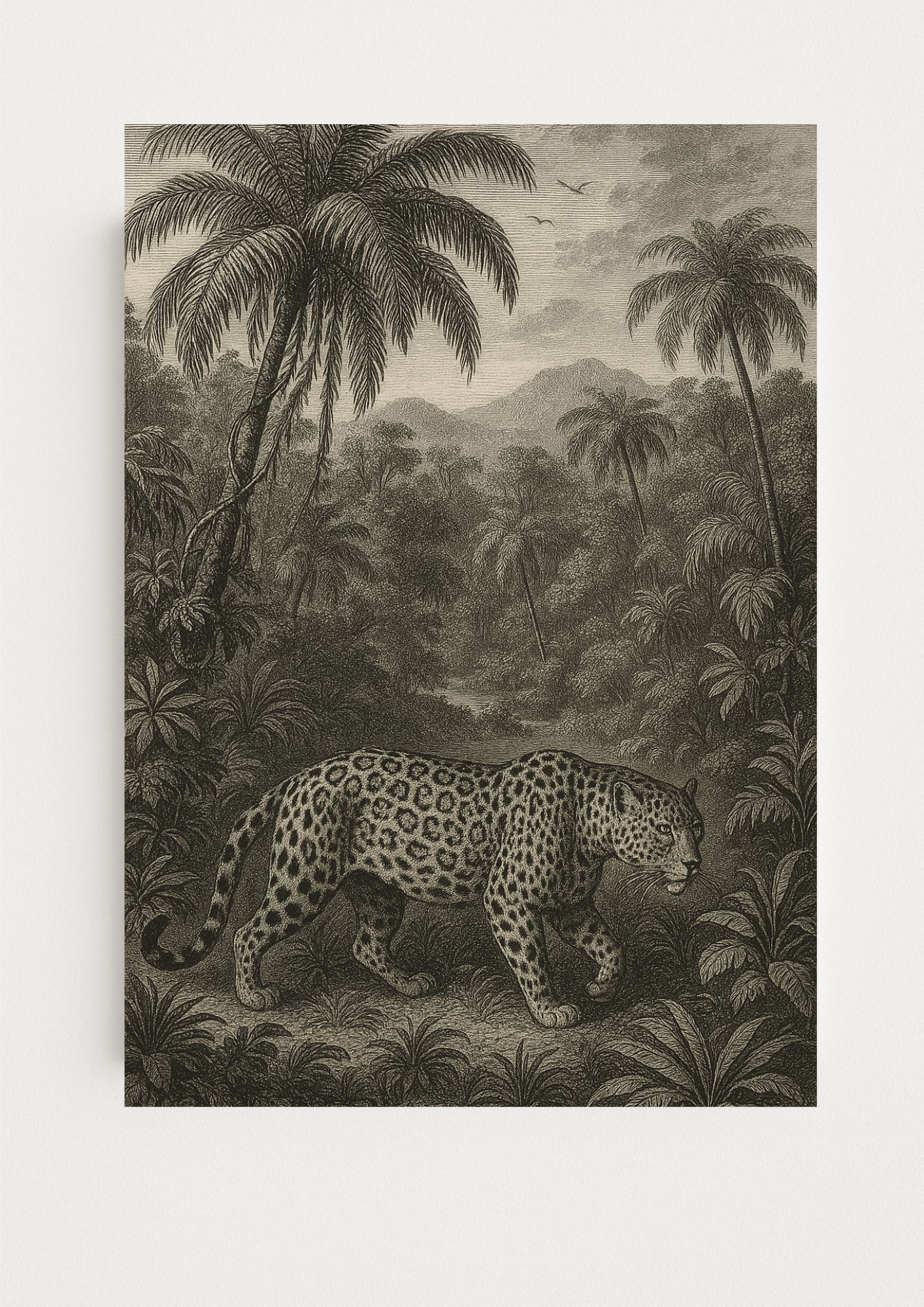Affiche léopard sauvage style gravure ancienne – décoration murale jungle – jungle sauvage - forêt tropical