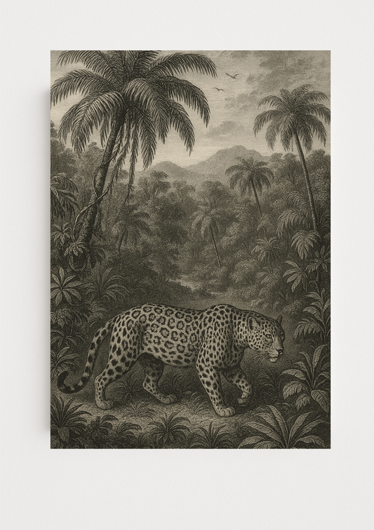 Affiche léopard sauvage style gravure ancienne – décoration murale jungle – jungle sauvage - forêt tropical