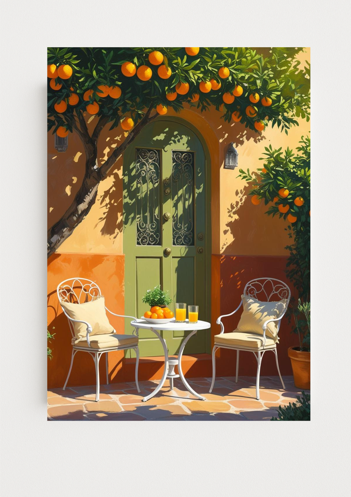Affiche terrasse méditerranéenne – Orangers et porte verte – Décoration murale style sud