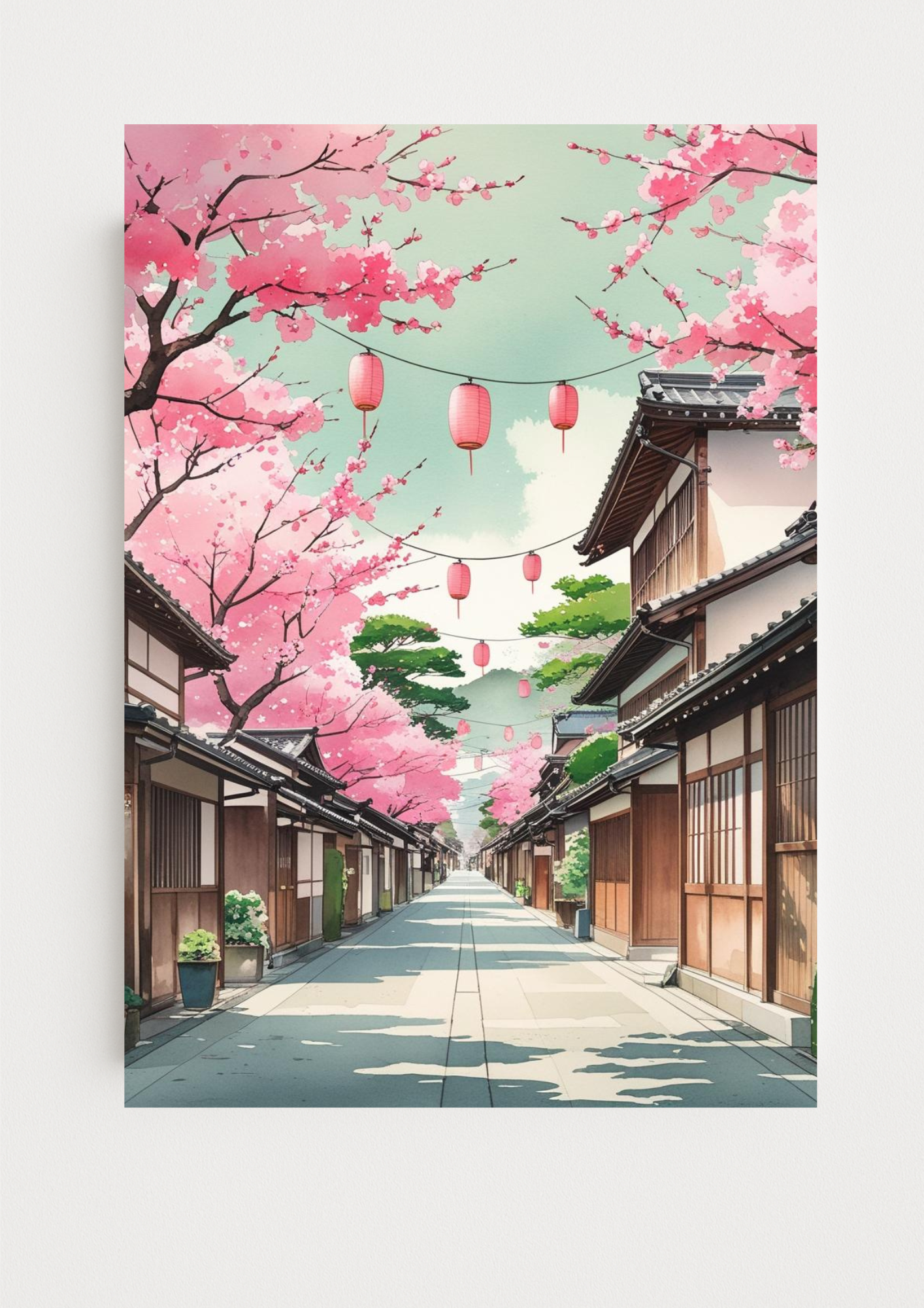Affiche Kyoto - Rue typique Japonaise - Japon - Fleurs de cerisier - Lanterne