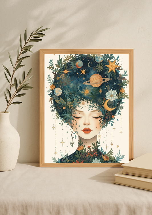 Affiche décorative femme astrale – Art mural bohème nature et lune