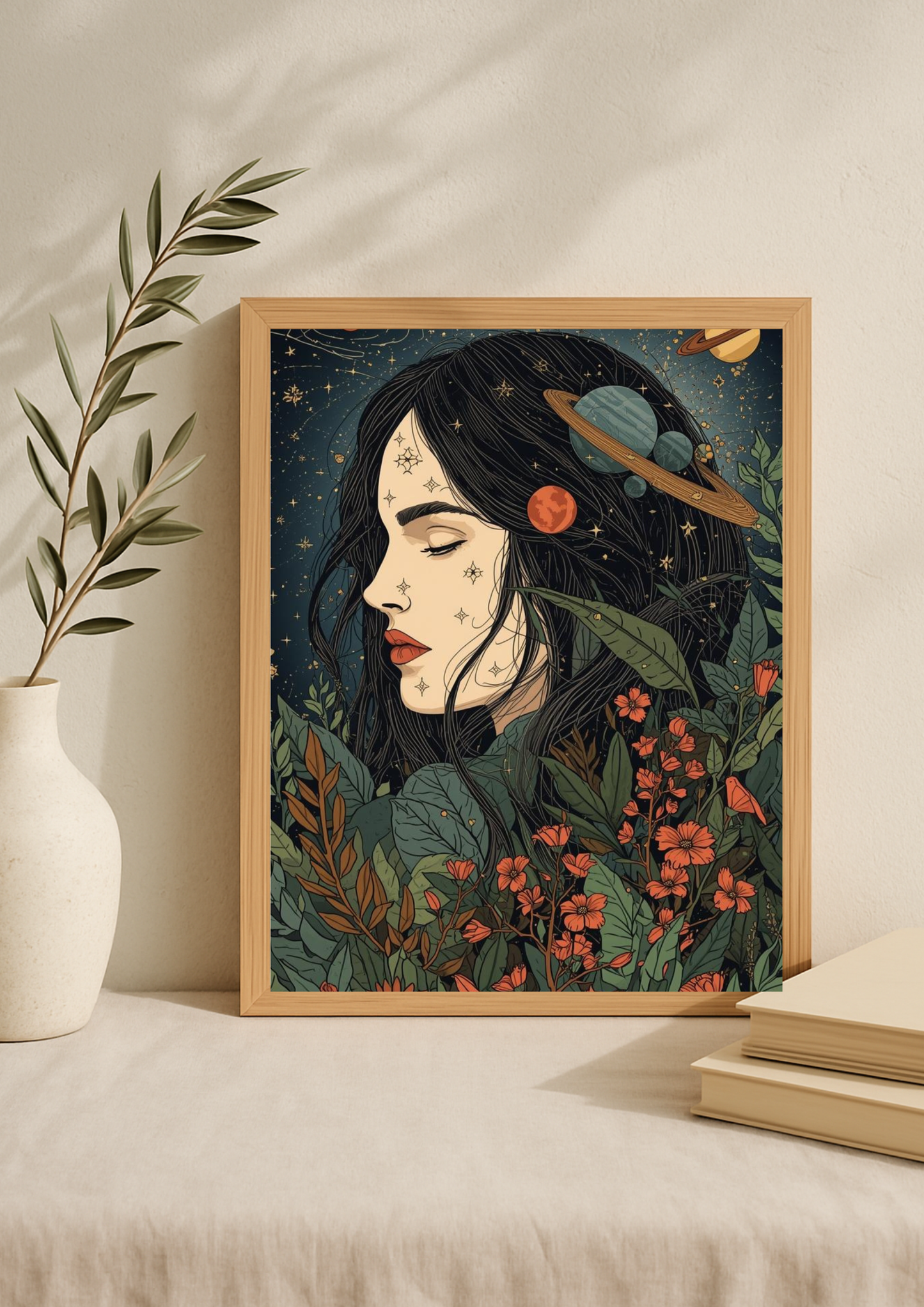 Affiche décorative femme astrale et florale – Art mural bohème – Déco murale A4 – Idée cadeau femme