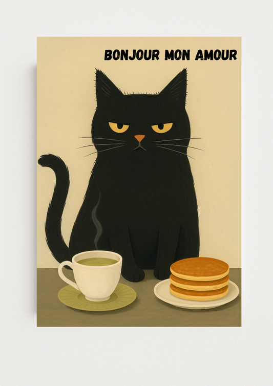 Collection chat - Affiche chat noir humour – Bonjour mon amour café pancakes