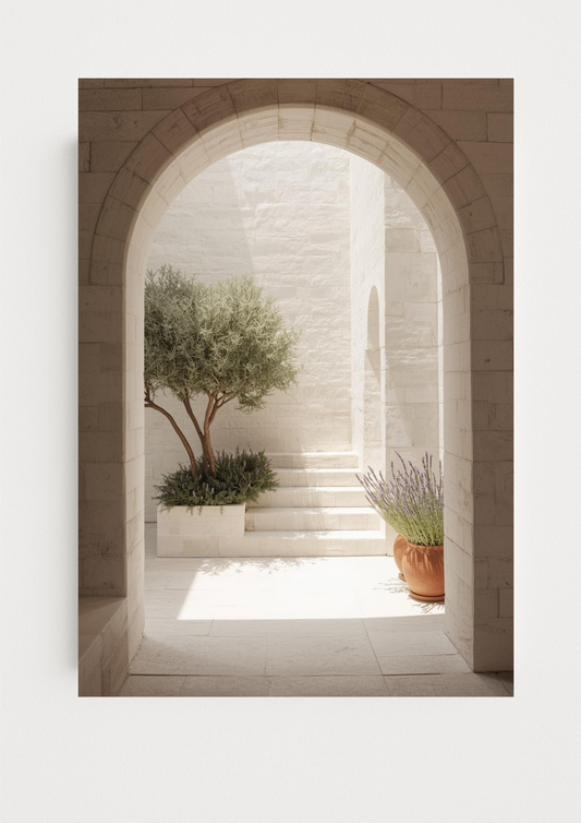 Affiche décoration murale arche en pierre avec olivier et lavande – décoration murale minimaliste beige