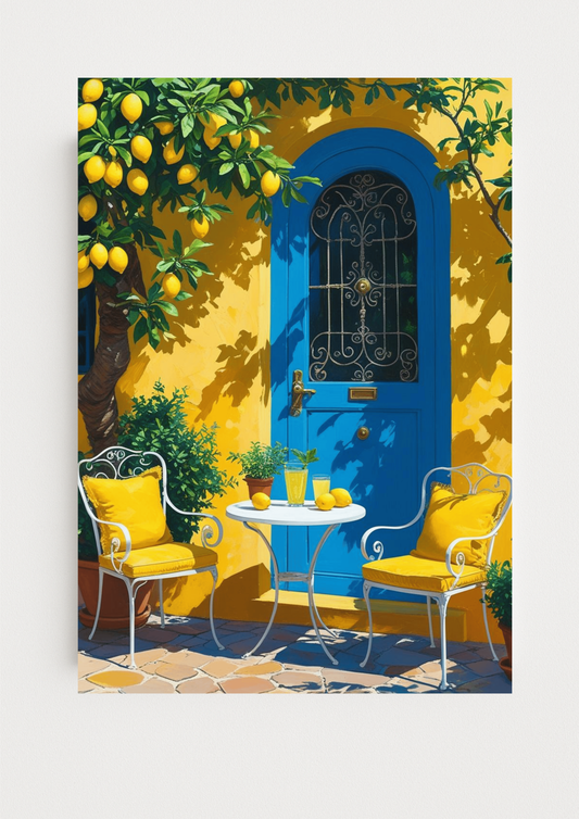 Affiche méditerranéenne – Terrasse avec porte bleue et citronnier – Décoration murale colorée