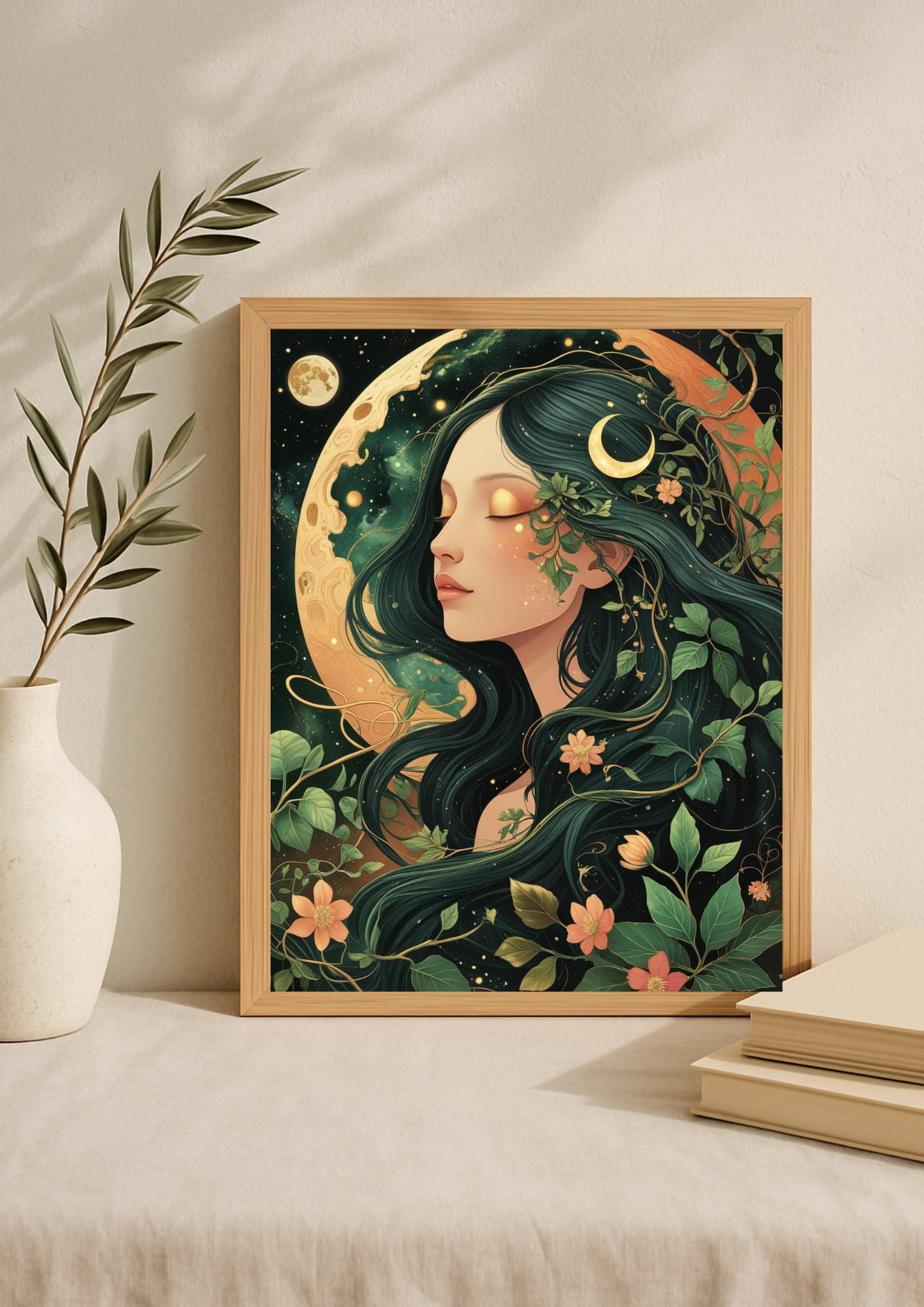 Affiche femme mystique nature – Illustration lunaire bohème – Décoration murale A4