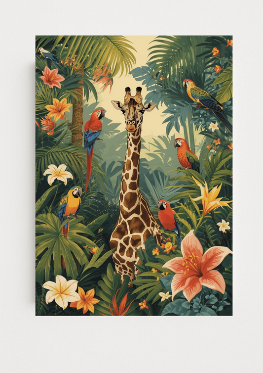 Affiche jungle colorée - Girafe - Fleurs éxotiques