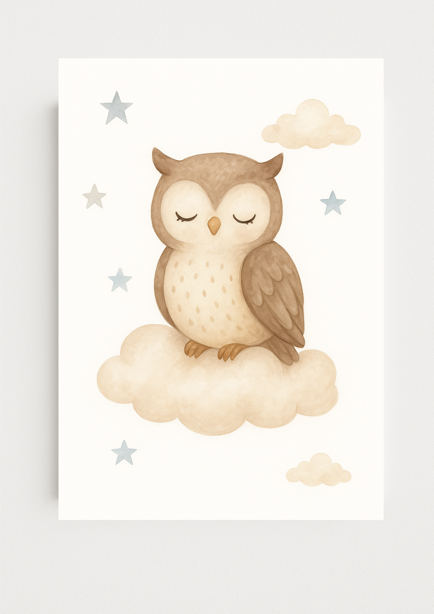 Affiche Hibou Endormi – Aquarelle pour Chambre d'Enfant– illustration chambre bébé - Univers poétique et minimaliste
