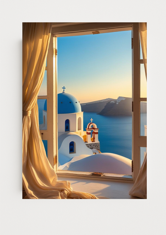 Affiche fenêtre sur Santorin au coucher de soleil – vue mer Égée