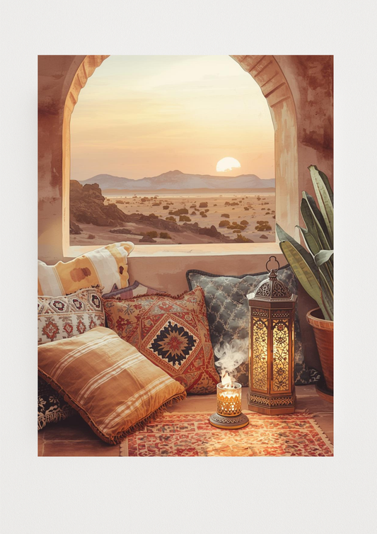 Affiche désert oriental au coucher de soleil – ambiance riad et lanterne
