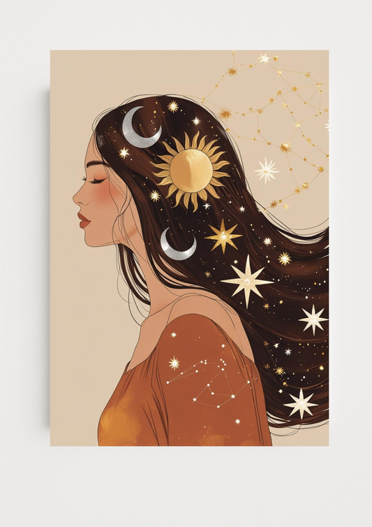 Affiche décorative femme astrale soleil et lune – Art mural bohème céleste – Déco murale A4 – Idée cadeau femme