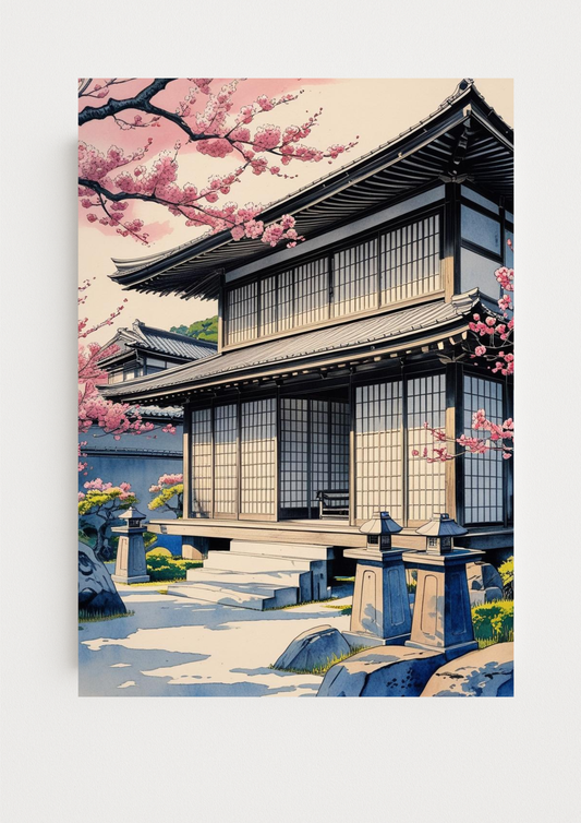 Collection Japon - Affiche Kyoto - Maison typique Japonaise - Japon - Fleurs de cerisier
