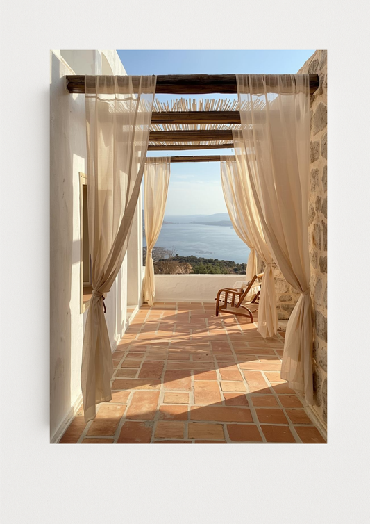 Affiche terrasse méditerranéenne avec pergola bois et vue mer – décoration murale lumineuse
