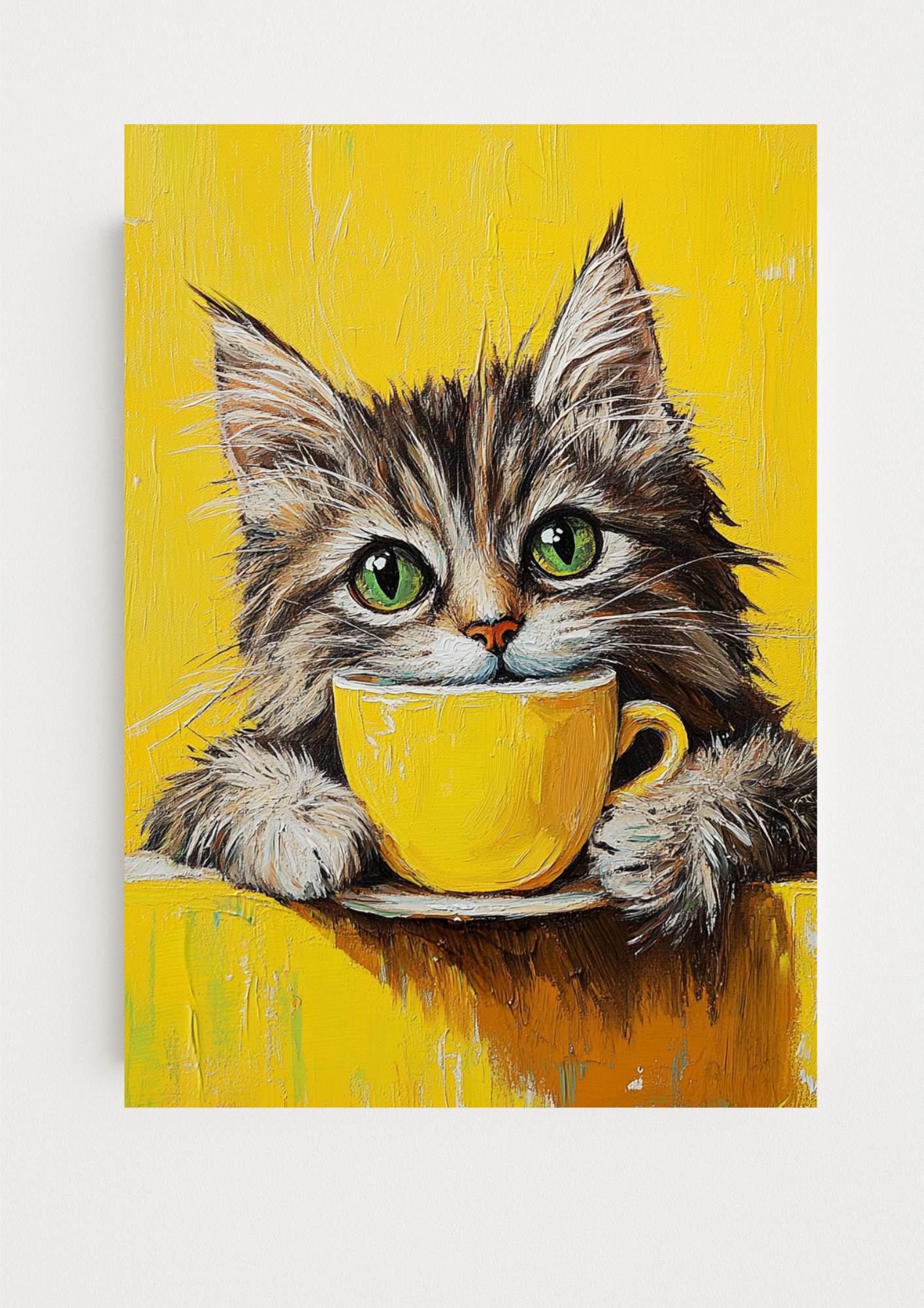 Affiche Chat & Café Jaune A4 – Poster Chat Artistique | Déco Murale Animaux