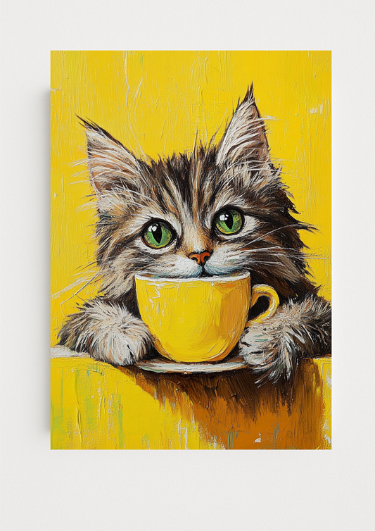 Affiche Chat & Café Jaune A4 – Poster Chat Artistique | Déco Murale Animaux
