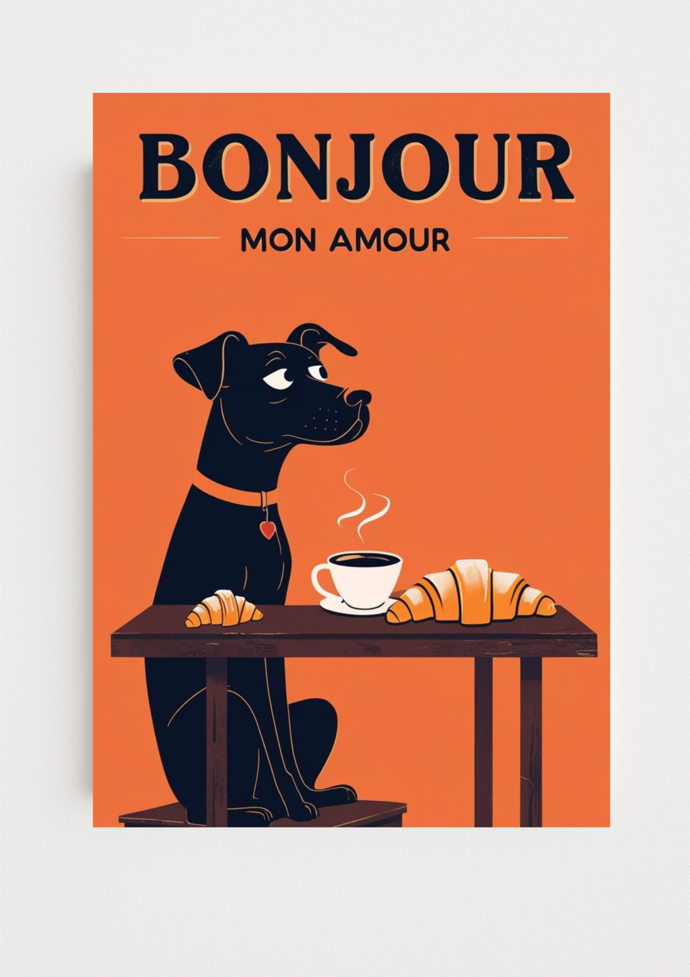 Affiche Bonjour Mon Amour A4 – Chien, Café & Croissant | Déco Murale Cuisine