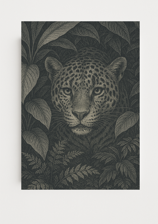 Affiche léopard tropical style gravure ancienne – jungle sauvage - forêt tropical